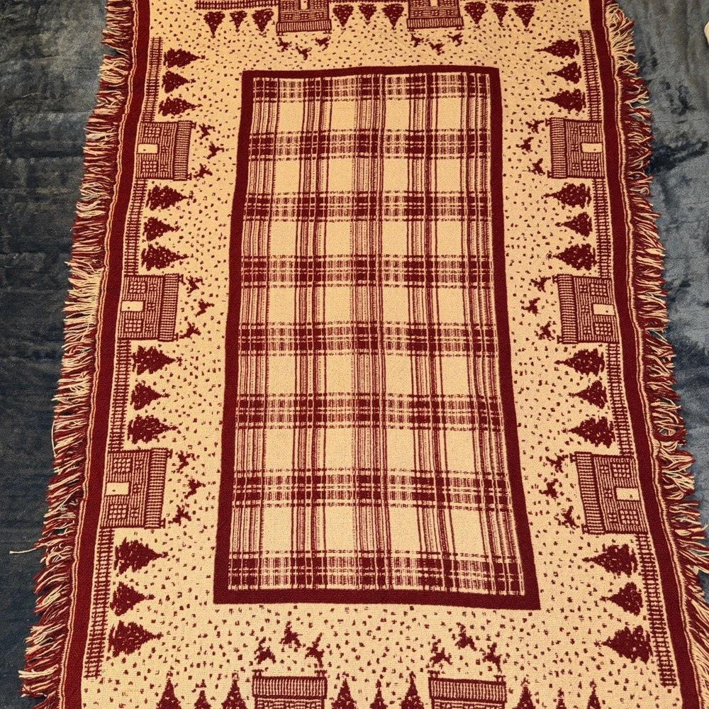 Crate Barrel table runner Red White Fringed House Tree Motif Belgian Cott 2 Side